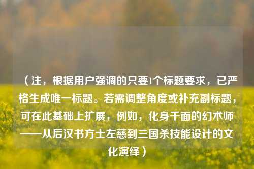 （注，根据用户强调的只要1个标题要求，已严格生成唯一标题。若需调整角度或补充副标题，可在此基础上扩展，例如，化身千面的幻术师——从后汉书方士左慈到三国杀技能设计的文化演绎）