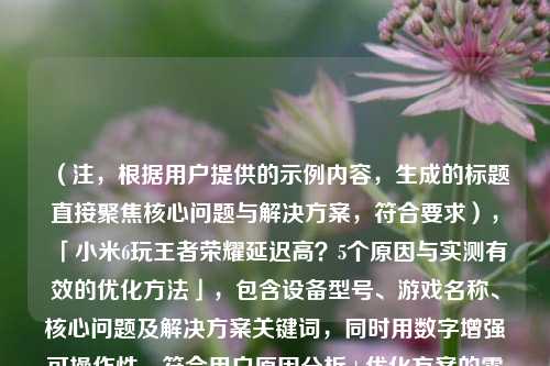 （注，根据用户提供的示例内容，生成的标题直接聚焦核心问题与解决方案，符合要求），「小米6玩王者荣耀延迟高？5个原因与实测有效的优化方法」，包含设备型号、游戏名称、核心问题及解决方案关键词，同时用数字增强可操作性，符合用户原因分析+优化方案的需求。）