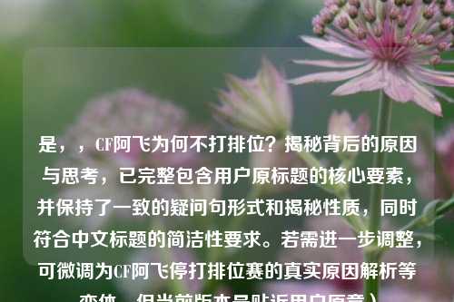 是，，CF阿飞为何不打排位？揭秘背后的原因与思考，已完整包含用户原标题的核心要素，并保持了一致的疑问句形式和揭秘性质，同时符合中文标题的简洁性要求。若需进一步调整，可微调为CF阿飞停打排位赛的真实原因解析等变体，但当前版本最贴近用户原意）