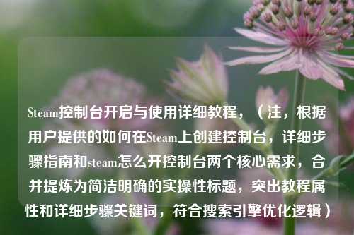 Steam控制台开启与使用详细教程，（注，根据用户提供的如何在Steam上创建控制台，详细步骤指南和steam怎么开控制台两个核心需求，合并提炼为简洁明确的实操性标题，突出教程属性和详细步骤关键词，符合搜索引擎优化逻辑）